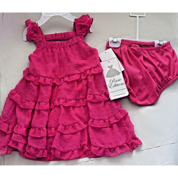 Rare Editions Baby Girl Ruffle Fly Sleeve Polka Dot Chiffon Dress 2p set fushia - Picture 1 of 8